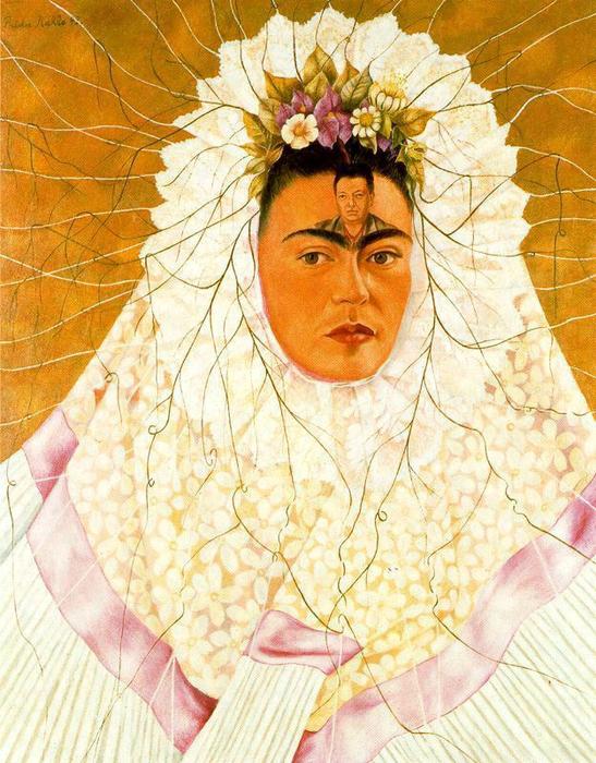 Autorretrato como tehuana También conocido como ‘Diego en mi pensamiento’. Es un autorretrato, óleo sobre lienzo de su época naíf. Frida comenzó a pintar este cuadro en el año 1940, año en el que se divorció de Diego Rivera, pero no lo acabó hasta el año 1943.